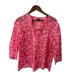 Talbots Womens Pink Nautical Rope Print Ruffle Neck 3/4 Sleeve Cotton Tunic  L
